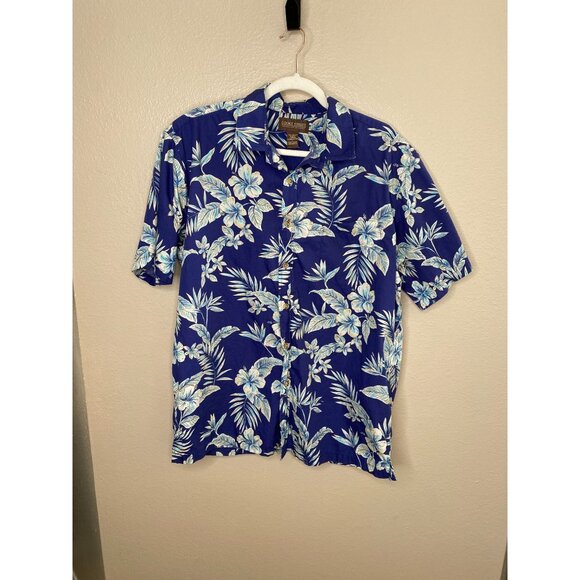 Cooke Street Hawaiian Islands Blue Floral Button-Up Shirt Short‎ Sleeve Mens L - Picture 1 of 6